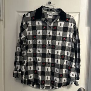 VTG Victoria Jones Christmas Button Up Shirt Plaid Embroidered Petite L